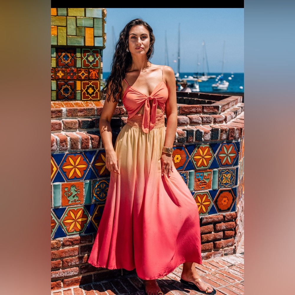 Sunset Gradient Front Tie Sweetheart Maxi Dress